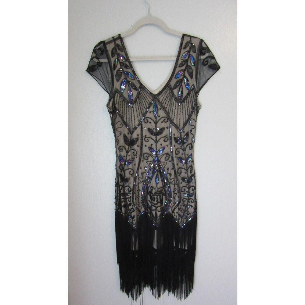UNIQUE VINTAGE Black Sequins Beads Flapper M Roaring 20's Fringe Dress BR59 - Picture 2 of 4